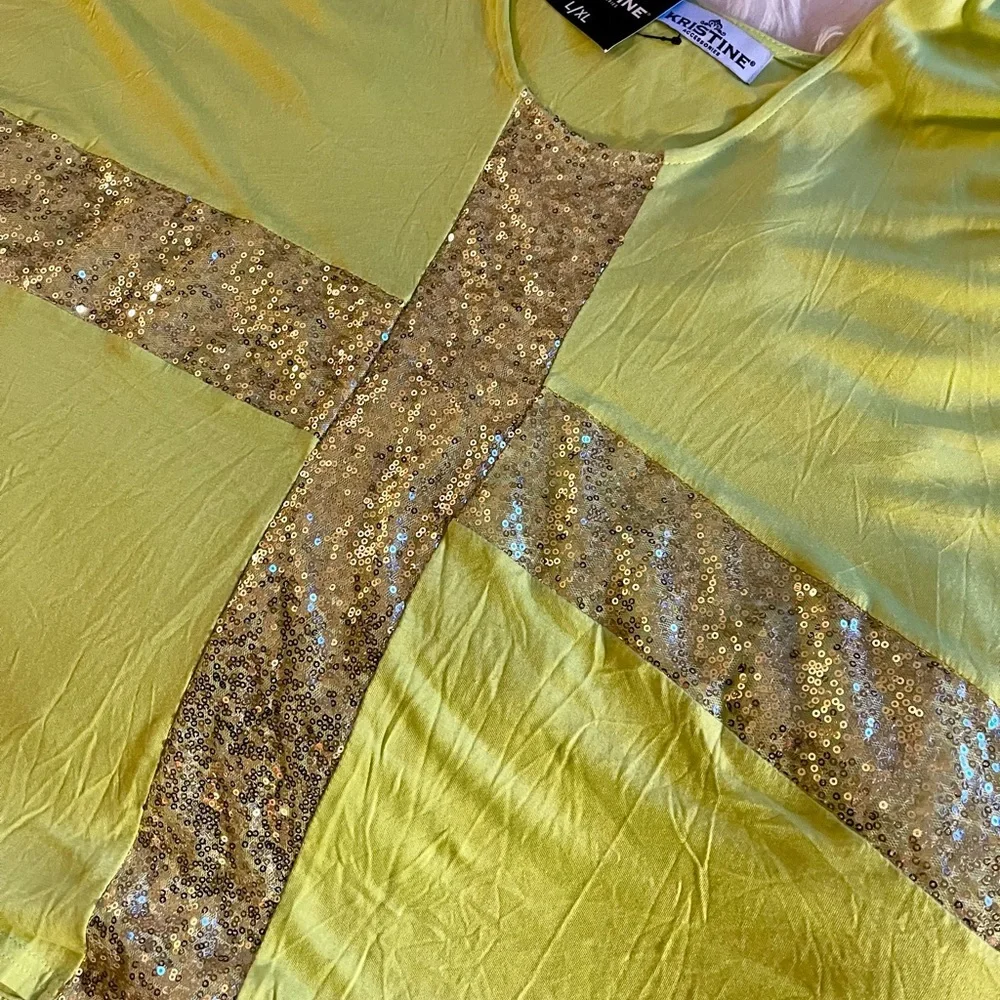 Lime Neon Glam Green Top with Gold Sequin Cross Accents - Showstopper​ - Picture 5 of 10
